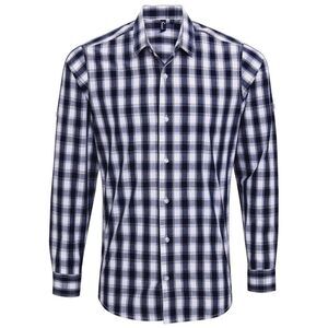 Premier Mens Mulligan Checked Cotton Long-Sleeved Shirt / White/Navy